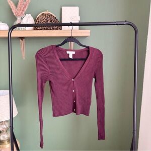 H&M Ribbed V-Neck Cardigan in Wine